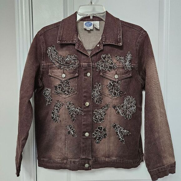 DG2 by Diane Gilman Jacket Women’s Small Brown Denim Floral Beaded Pockets GUC - Picture 1 of 10